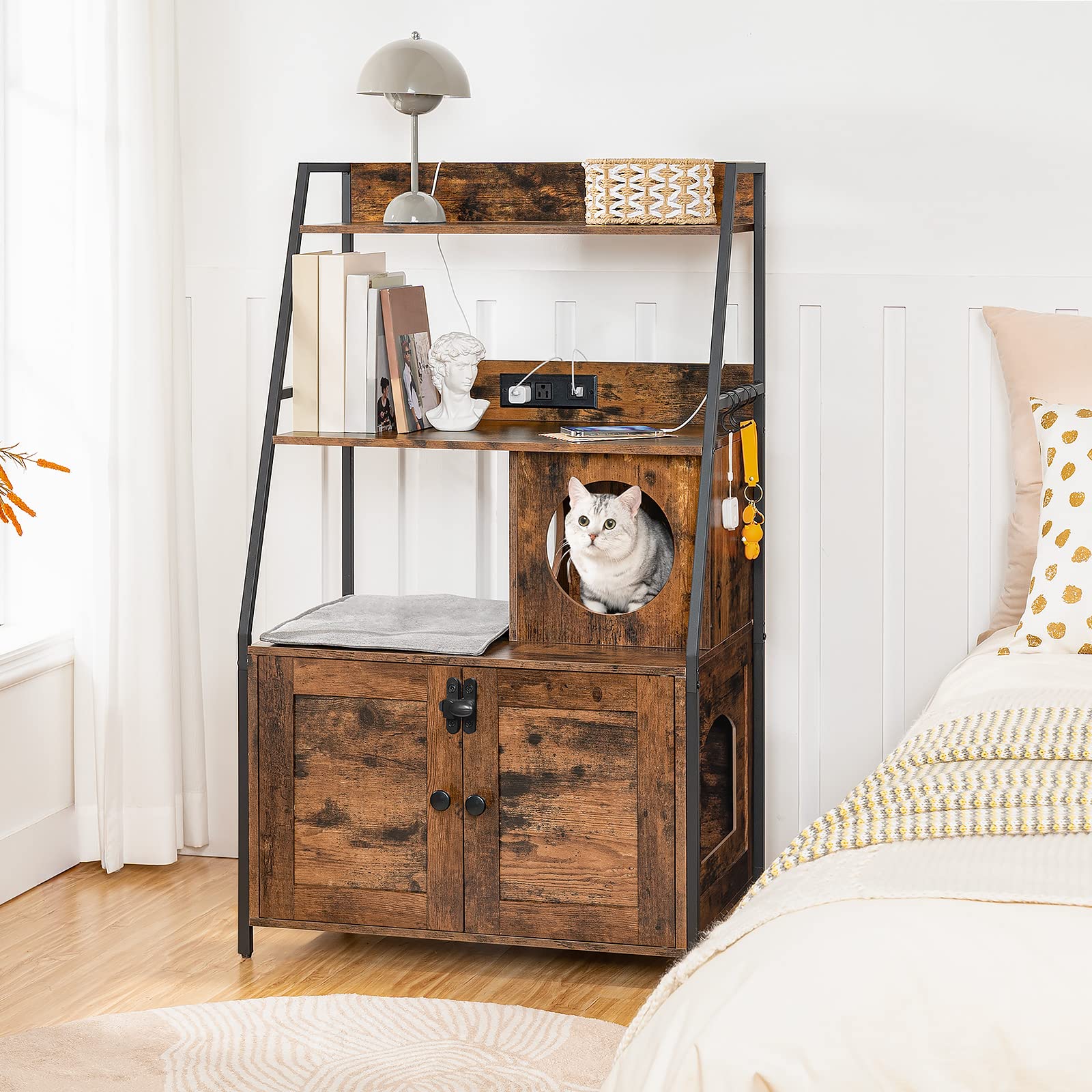 HOOBRO Litter Box Enclosure with 2 Storage Shelves, Indoor Tall Cat Litter Box Furniture Hidden with Charging Station with Cat House and Plush Mat, Rustic Brown and Black BF70UMW01 - WoodArtSupply