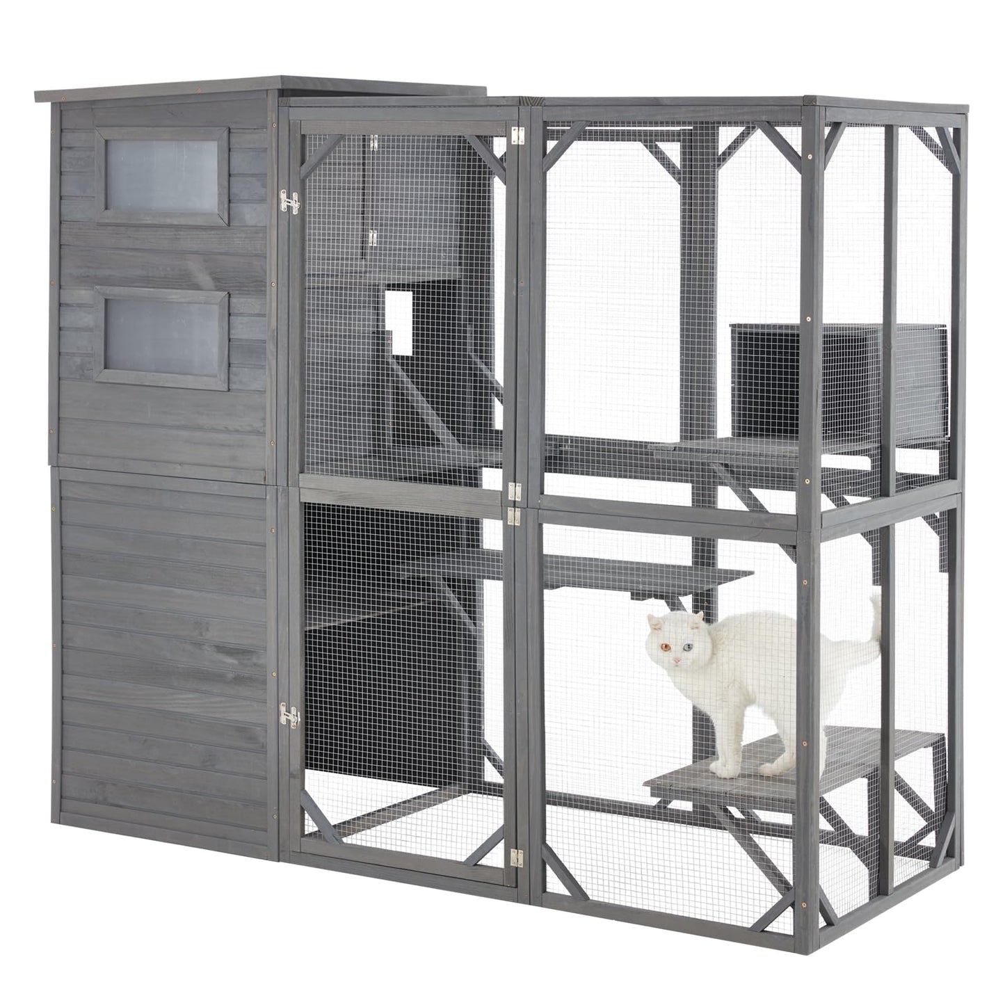 MDEAM Large Cat Catio Outdoor Weatherproof Cat Enclosure with Resting Boxes,Platforms,Windows,70" H*32" W*77" L,Grey