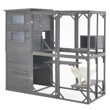 MDEAM Large Cat Catio Outdoor Weatherproof Cat Enclosure with Resting Boxes,Platforms,Windows,70" H*32" W*77" L,Grey - WoodArtSupply