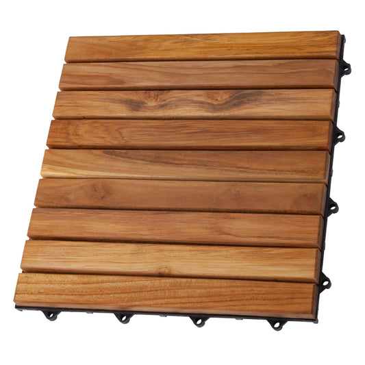 Nordic Style Teak Interlocking Tiles - Wooden Floor Tile Set for Indoor and Outdoor Use - Perfect for Sauna, Patio, Deck, Spa Floors - 10 Square Feet (12" x 12" - 9 Slat Design, Oiled Finish) - WoodArtSupply