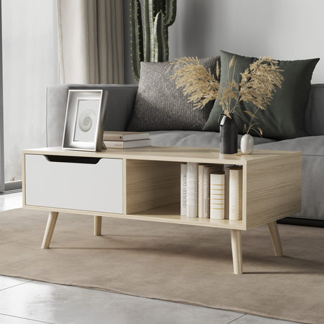 Cozy Castle Modern Wooden Coffee Table with Storage, Minimalist Hallway Mid Century Cocktail Table for Living Room Apartment Reception, Oak Cozy Castle