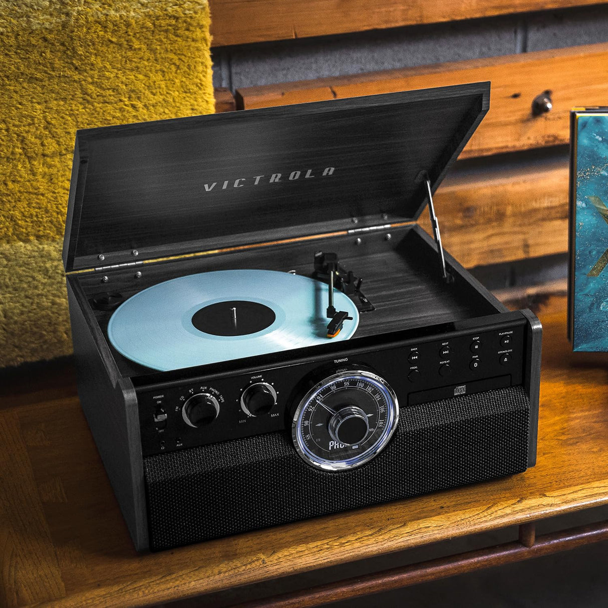Victrola Metropolitan Mid Century 4-in-1 Bluetooth Record Player & Multimedia Center with Built-in Speakers - 3-Speed Turntable, AM/FM Radio, Wireless Music Streaming | Grey Victrola