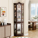 Trygoal 70" H Lighted Corner Curio Cabinet, Curved Wood Corner Cabinet with Tempered Glass Doors, Glass Display Case with Bulb for Living Room, Bedroom, Dark Cherry Trygoal