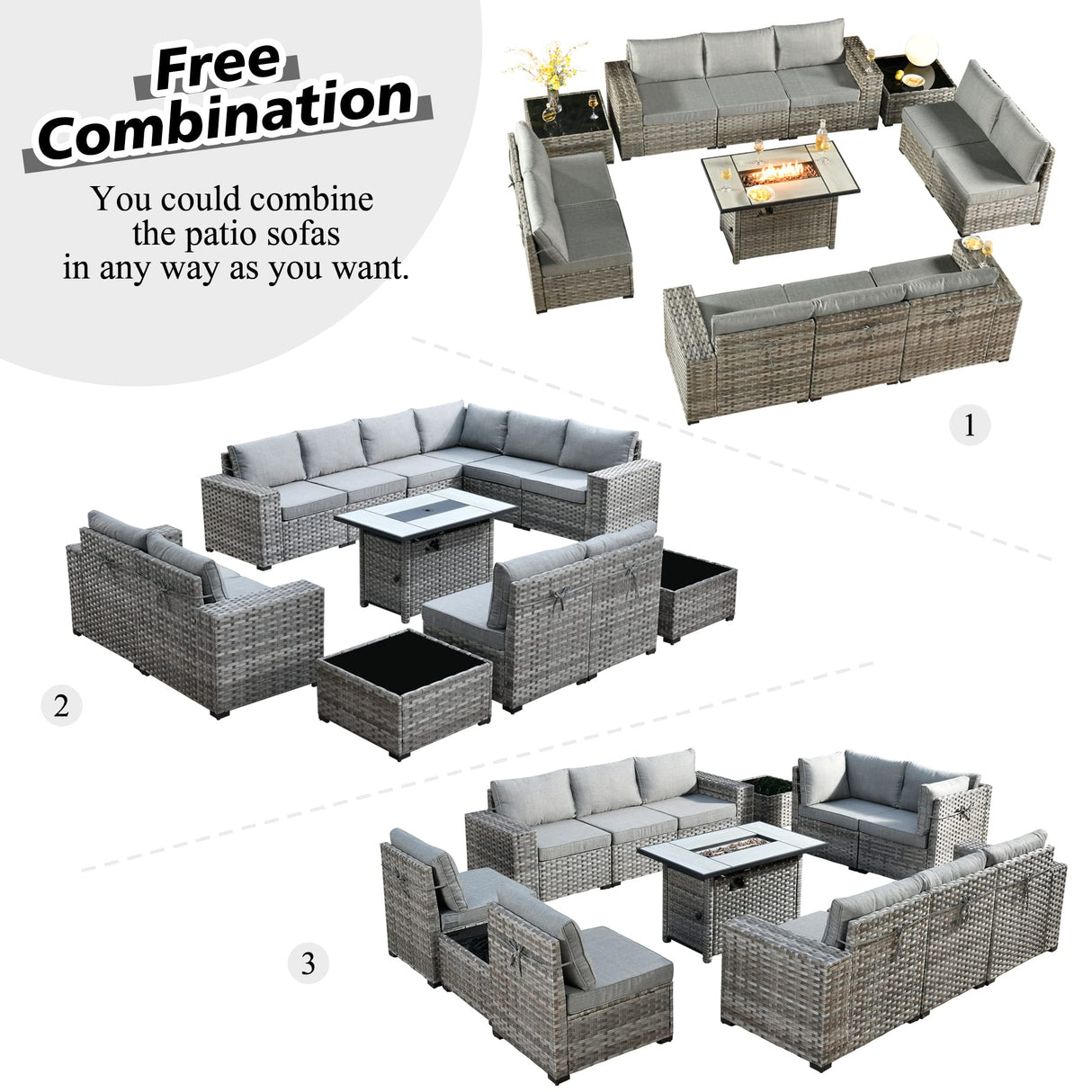 HOOOWOOO Outdoor Patio Sectional Furniture Sofa Set with Propane Fire Pit Table,13 Piece Large Modern Wicker Couch with Widened Armrest,Modular L Shaped Conversation Seating Set(Dark Grey) HOOOWOOO