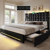 YITAHOME Queen Size Bed Frame with 4 Drawers and RGB LED Lights, Velvet Upholstered Platform Bed with Charging Station and Storage Headboard, No Box Spring Needed, Easy Assembly, Noise-Free, Black YITAHOME