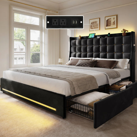 YITAHOME Queen Size Bed Frame with 4 Drawers and RGB LED Lights, Velvet Upholstered Platform Bed with Charging Station and Storage Headboard, No Box Spring Needed, Easy Assembly, Noise-Free, Black YITAHOME