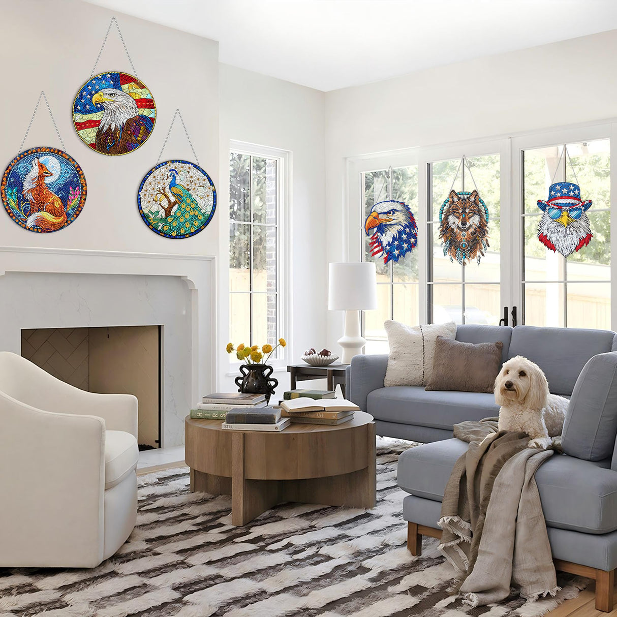 VAIIEYO Wolf Diamond Painting Hanging, Animal Diamond Painting Suncatchers Double Side Window Hanging Kit with Chain, 7.5x7.5 inch Crystal Pendant Art Craft for Gift Home Wall Front Door Decoration VAIIEYO