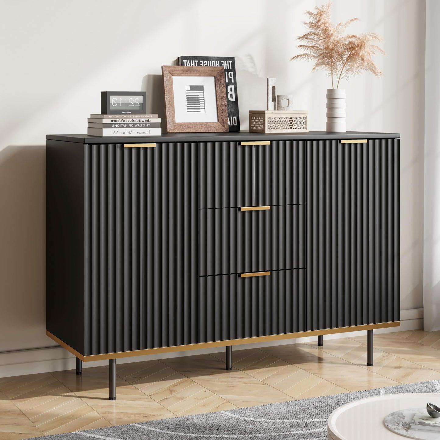 Buffets & Sideboards, Fluted Sideboard Cabinet, 2 Door 3 Drawer Design, Acceent Black Sideboard - Elegant Cabinet Ideal for Dining Room and Kitchen Storage 47.2 inch