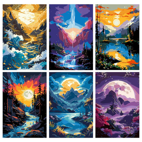 MISCER 6 Pack Landscapes Paint by Numbers Kit for Adults Beginner, Paint by Number Kits, DIY Acrylic Oil Painting Suitable for Home Decoration (8 * 12 Inch) MISCER