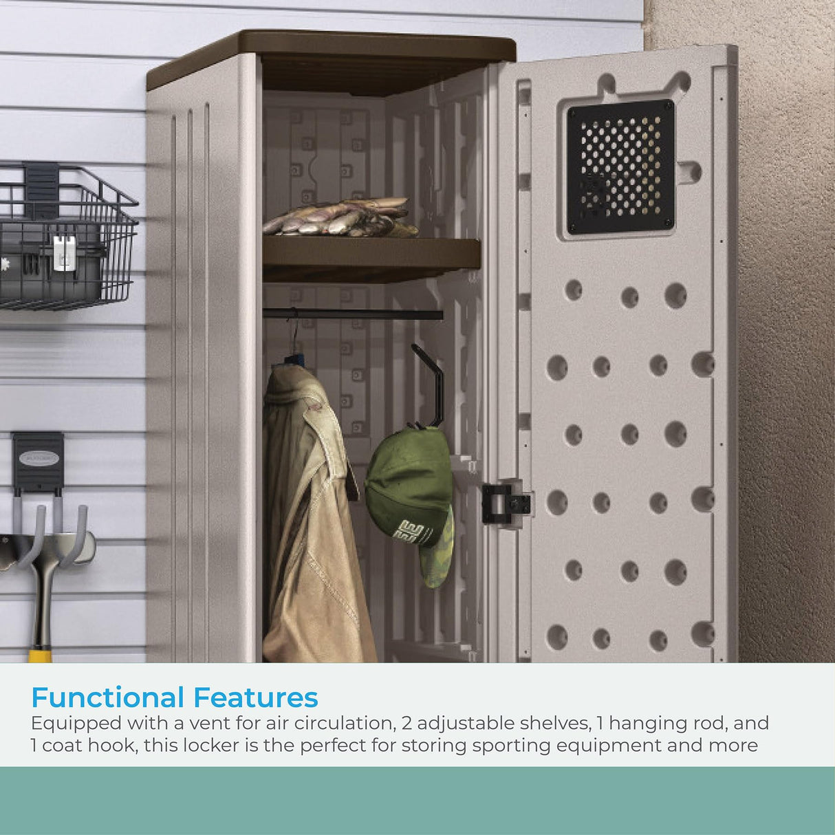 Suncast Storage Cabinet - Resin Construction for Garage Organization - 72" Garage Storage Locker with Shelving - Platinum Doors & Slate Top Suncast