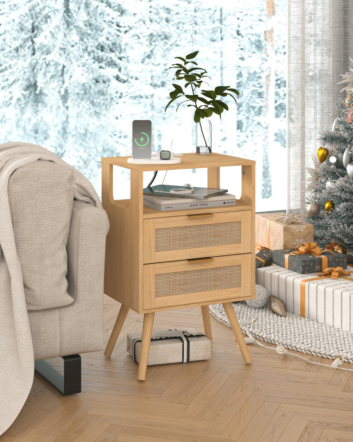 Veegle Rattan Nightstand with Charging Station,Modern Bedside Table with 2 Storage Drawer and Open Wood Shelf, for Bedroom and Small Spaces,Night Stand with Solid Wood Legs (Yellow Oak) Veegle