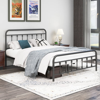 DUMEE Textured Black Metal Queen Bed Frame with Vintage Headboard & Footboard, No Box Spring Needed - WoodArtSupply