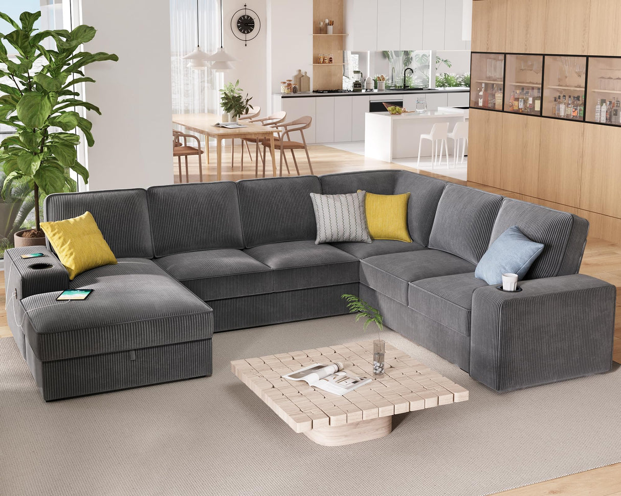 PaPaJet U Shaped Couch, 112 Inch Oversized Couch with Storage Chaise, Sectional Sofa with Cup Holders & 2 USB Ports, Corduroy Grey Sofa PaPaJet
