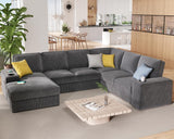 PaPaJet U Shaped Couch, 112 Inch Oversized Couch with Storage Chaise, Sectional Sofa with Cup Holders & 2 USB Ports, Corduroy Grey Sofa PaPaJet