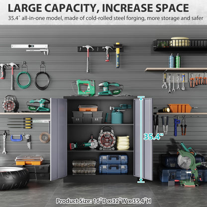 Metal Storage Cabinet with Doors and Shelves,Garage Storage Cabinet with Lock,Black Grey Metal Cabinet with Locking Doors,Steel Cabinet,Lockable Storage Cabinet for Home,Office,Garage Cabinets