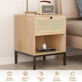 XIAO WEI Rattan Nightstand Set of 2 with Handmade Natural Rattan Drawer, Bedside Table Set of 2, Accent End Table, Boho Night Stand for Bedroom, Living Room, Metal Legs Small XIAO WEI