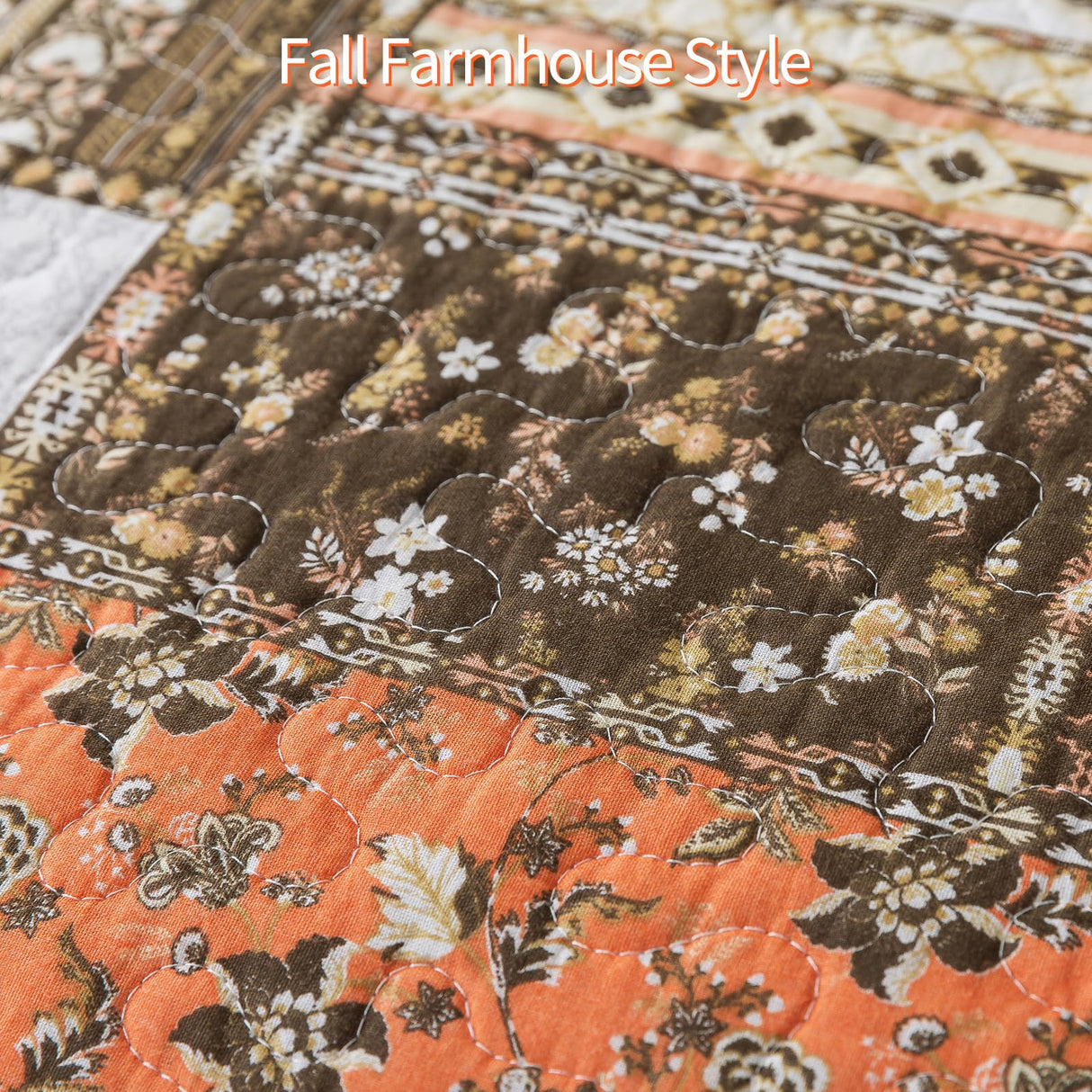 BEDIFANY Farmhouse Cotton Quilts Queen Size for Fall - Lightweight Patchwork Autumn Bedspread Set for Bed Coverlet - Highly-Woven Soft Reversible Bed Spread for All Seasons (Floral Orange) 3 Pieces BEDIFANY