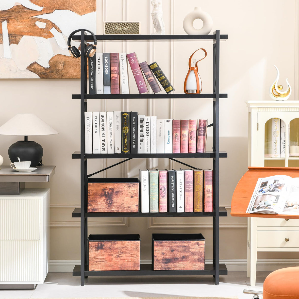 HCHQHS Bookshelf, 5-Tier Industrial Bookcase, Black Open Book Shelf, Freestanding Tall Bookshelves with Metal Frame HCHQHS