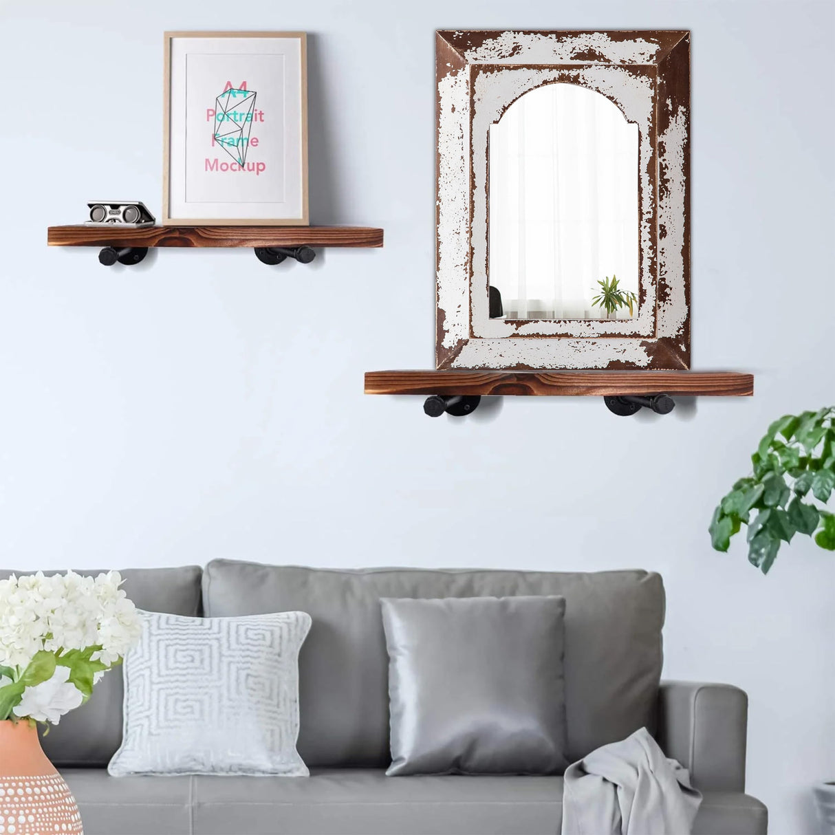 Sintosin Farmhouse Arched Mirrors for Wall Decor Living Room 16 X 12 Inch, Hanging Distressed Rectangular Carved Wood Frame Entryway Mirror, Handmade Antique Bathroom Mirrors for Over Sink Sintosin