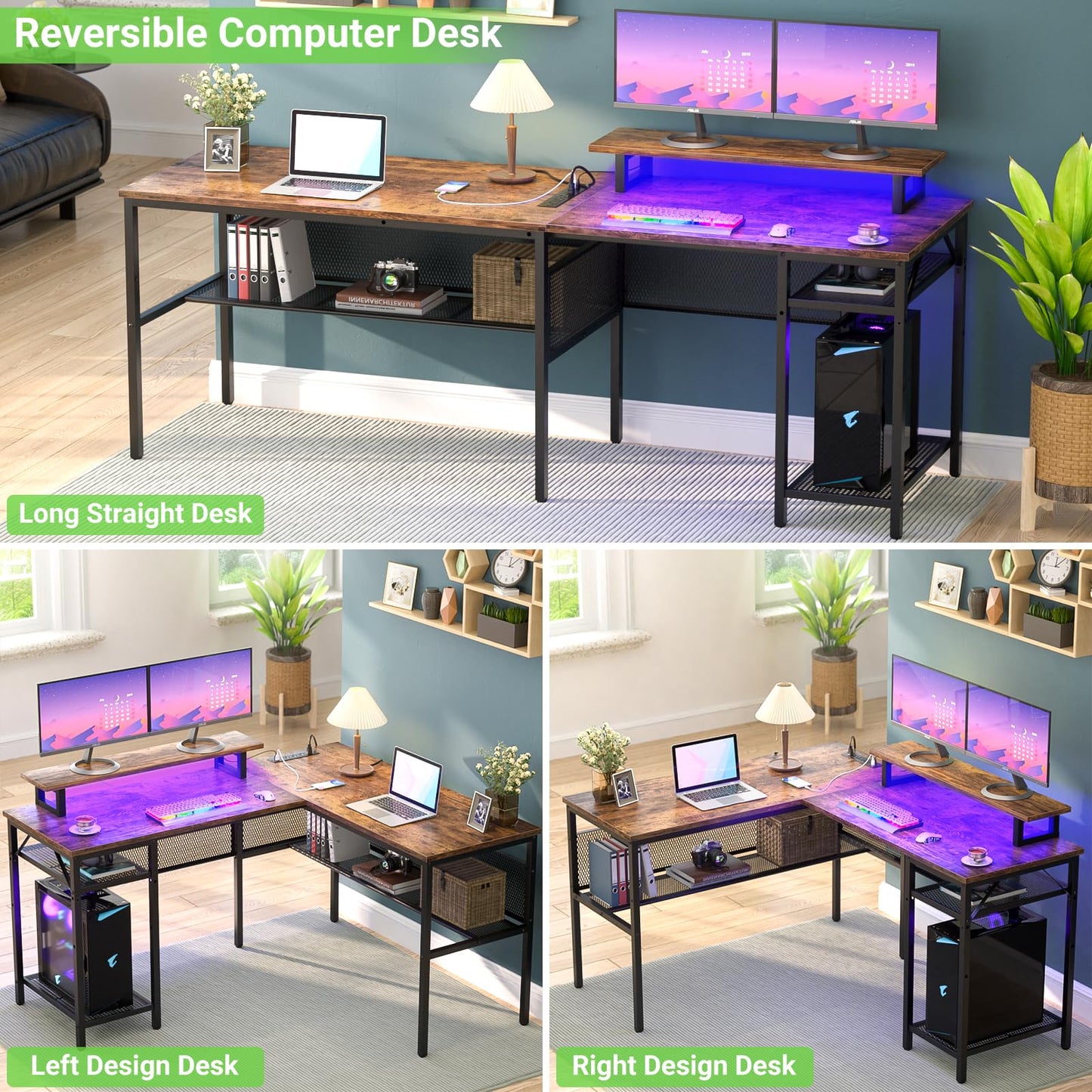 Unikito L Shaped Desk with Magic Power Outlets and Smart Strip Light, Reversible 55 Inch Corner Computer Desk with Monitor Stand, Unique Grid Design, Office Table with Storage Shelves, Rustic Brown