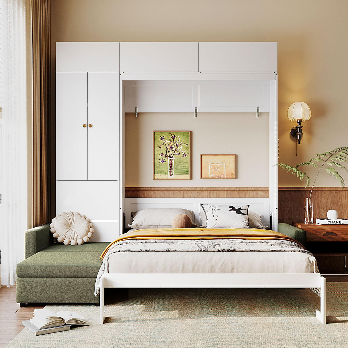 Harper & Bright Designs Queen Size Murphy Bed, Wall Bed with Sofa and Shelves, Green Harper & Bright Designs