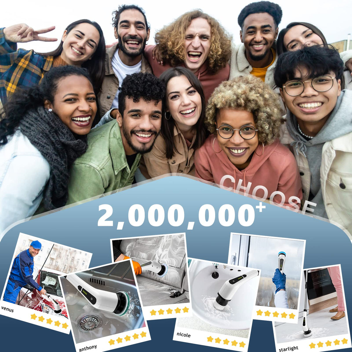 Bomves Electric Spin Scrubber, Cordless Cleaning Brush Scrubber for Home, 400RPM/Mins-8 Replaceable Brush Heads-90Mins Work Time, 3 Adjustable Size, 2 Speeds for Bathroom Shower Bathtub Glass Car Bomves