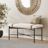 Nathan James Thatcher Upholstered Entryway Bench with Removable Boucle Cushion, Vegan Leather Straps, and Matte Black Metal Legs Nathan James