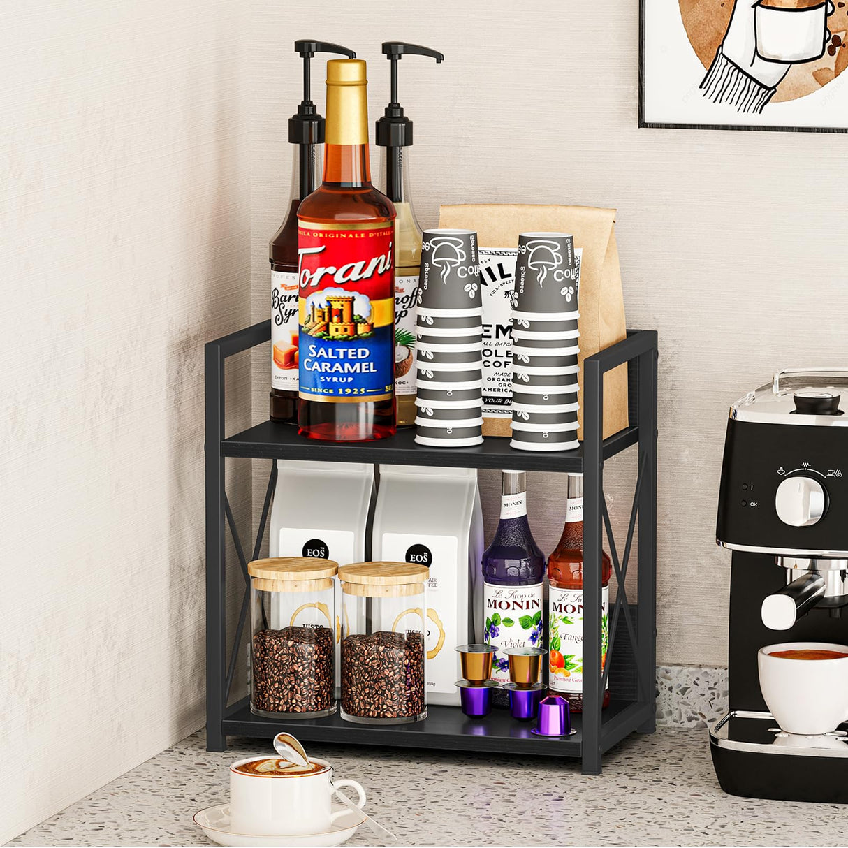 Giikin Countertop Organizer, 2 Tier Coffee Station Organizer for Desktop, Wood Counter Shelf Spice Rack for Kitchen (Black, M) Giikin