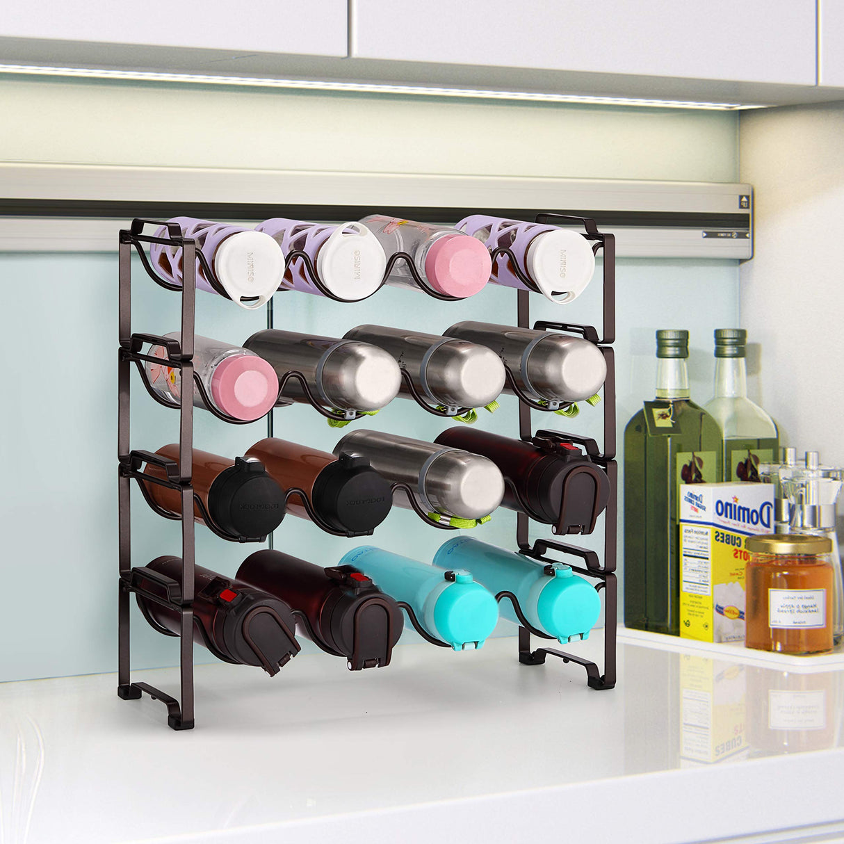 Simple Trending 4-Tier Stackable Wine Rack, Standing Bottles Holder Organizer, Wine Storage Shelf, Towel Rack for Kitchen Pantry Cabinet, Hold 16 Bottles, Bronze Simple Trending