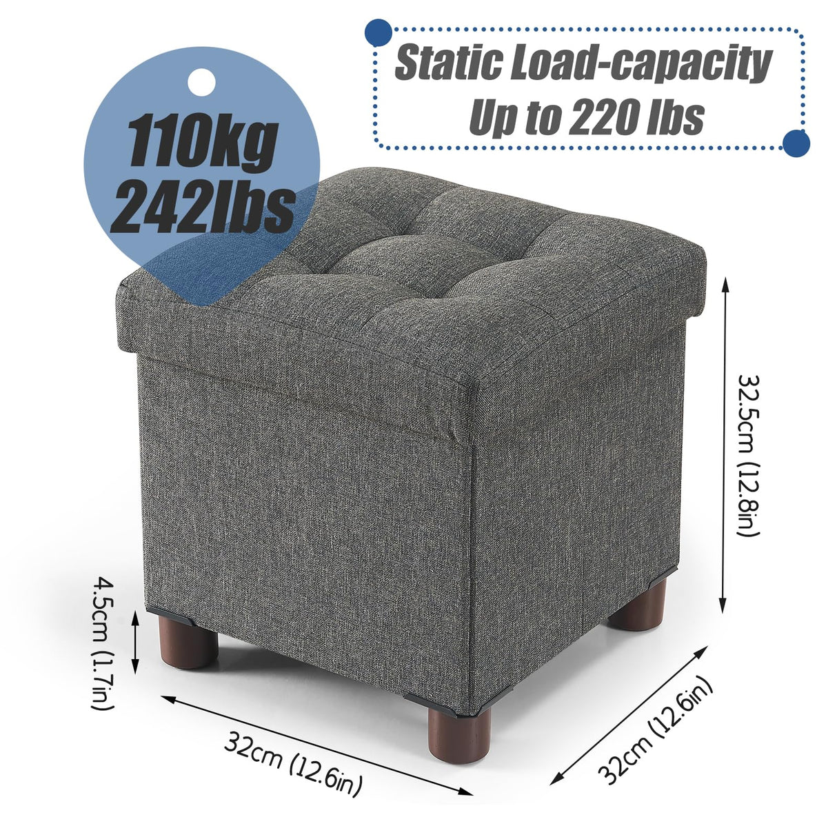 BRIAN & DANY Storage Ottoman Cube, Foot Stool Seat with Wood Legs, Folding Storage Ottoman Bench, Small Ottoman Foot Rest for Living Room and Bedroom 12.6"x12.6"x12.8" - Grey BRIAN & DANY