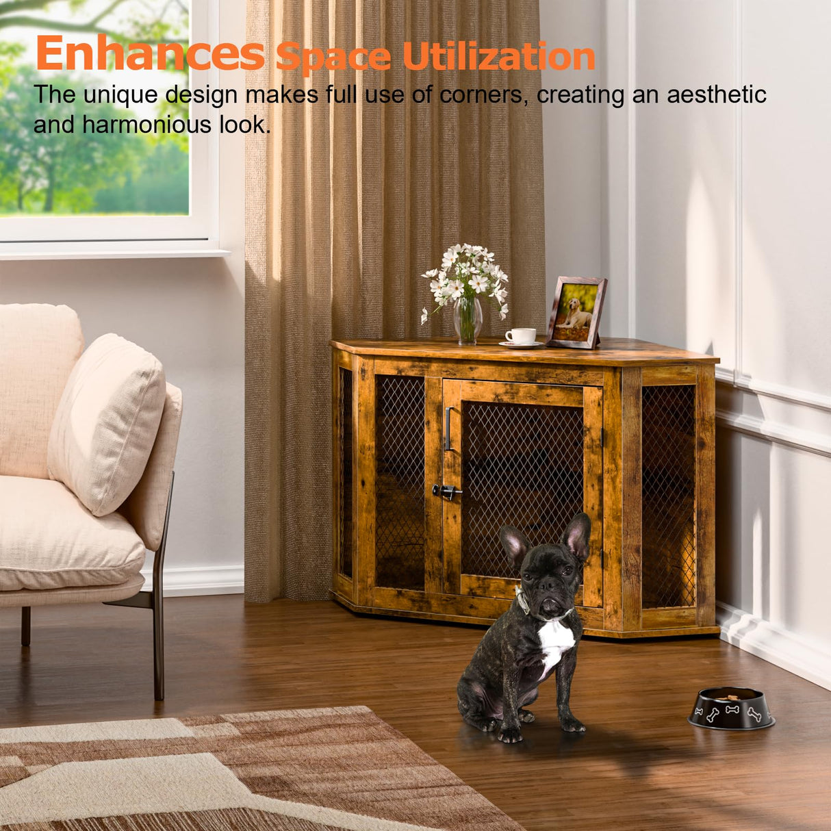 VENDORZ Corner Dog Crate Furniture, 44" Wooden Dog Kennel Furniture End Table with Mesh, Dog Kennel Indoor Furniture for Small Medium Dogs, Modern Decorative Wood Pet House Dog Cage Crate, Brown VENDORZ