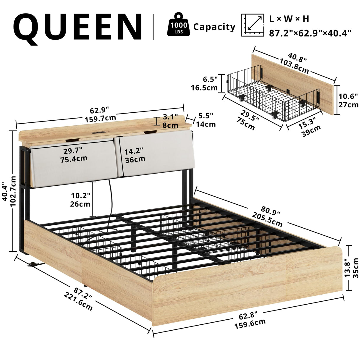 LIKIMIO Queen Bed Frames with Hidden Storage Headboard, Camas Queen with Charging Station and 4 Drawers, Sturdy and Noiseless, No Box Spring Needed, Wood Color LIKIMIO