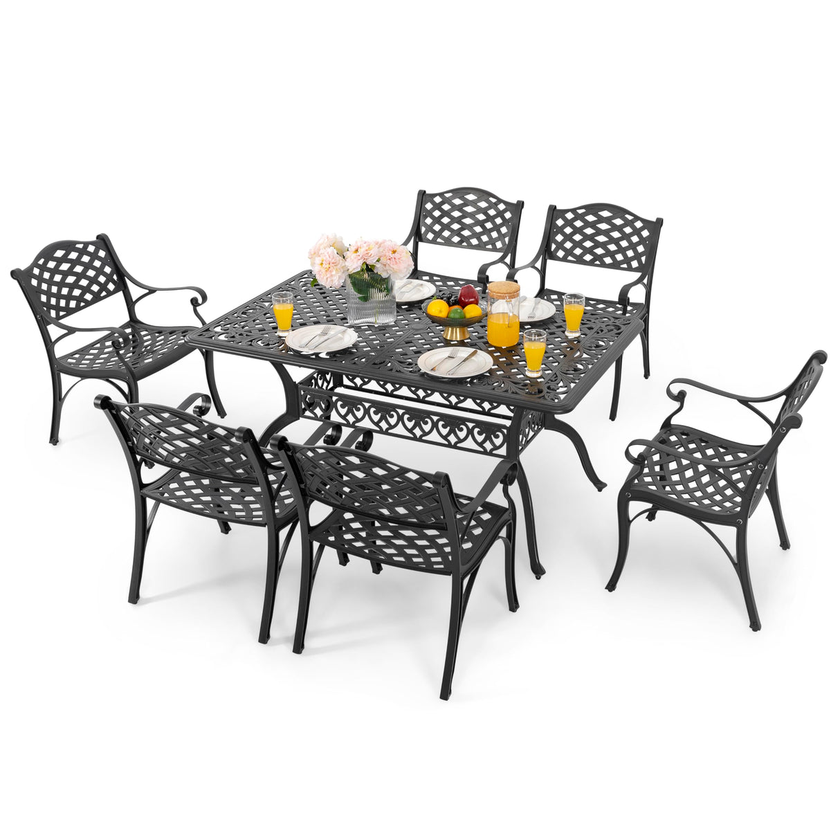 NUU GARDEN 7 Pieces Outdoor Patio Dining Sets, Cast Aluminum Rectangle Patio Table with Umbrella Hole and 6 Bistro Chairs, Armrest Dining Chairs and Bistro Table for Balcony, Backyard, Black NUU GARDEN