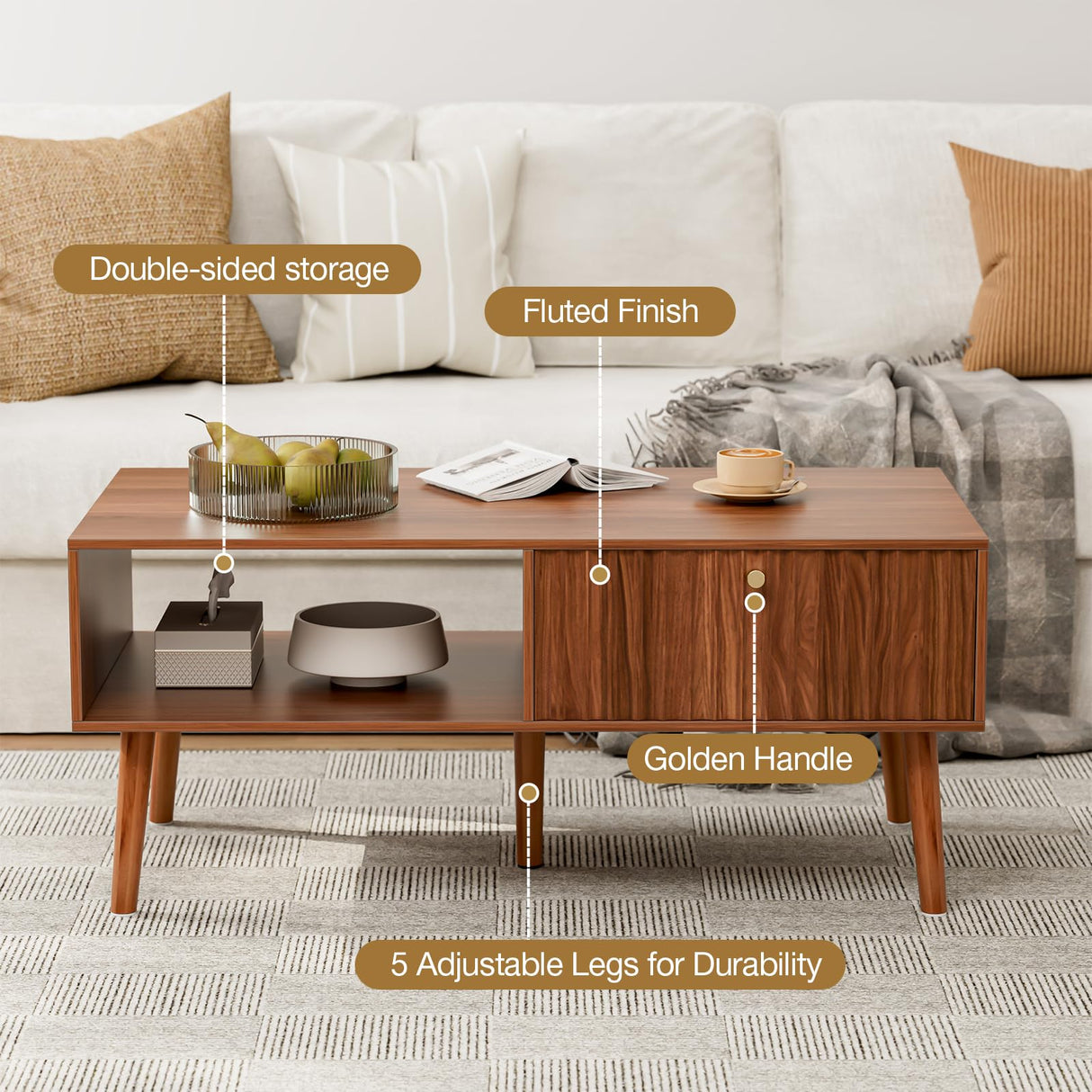 LCRBOL Fluted Coffee Table with Storage, Mid Century Dining Table with Drawer and Solid Wood Legs, Small Coffee Tables for Living Room, Walnut LCRBOL