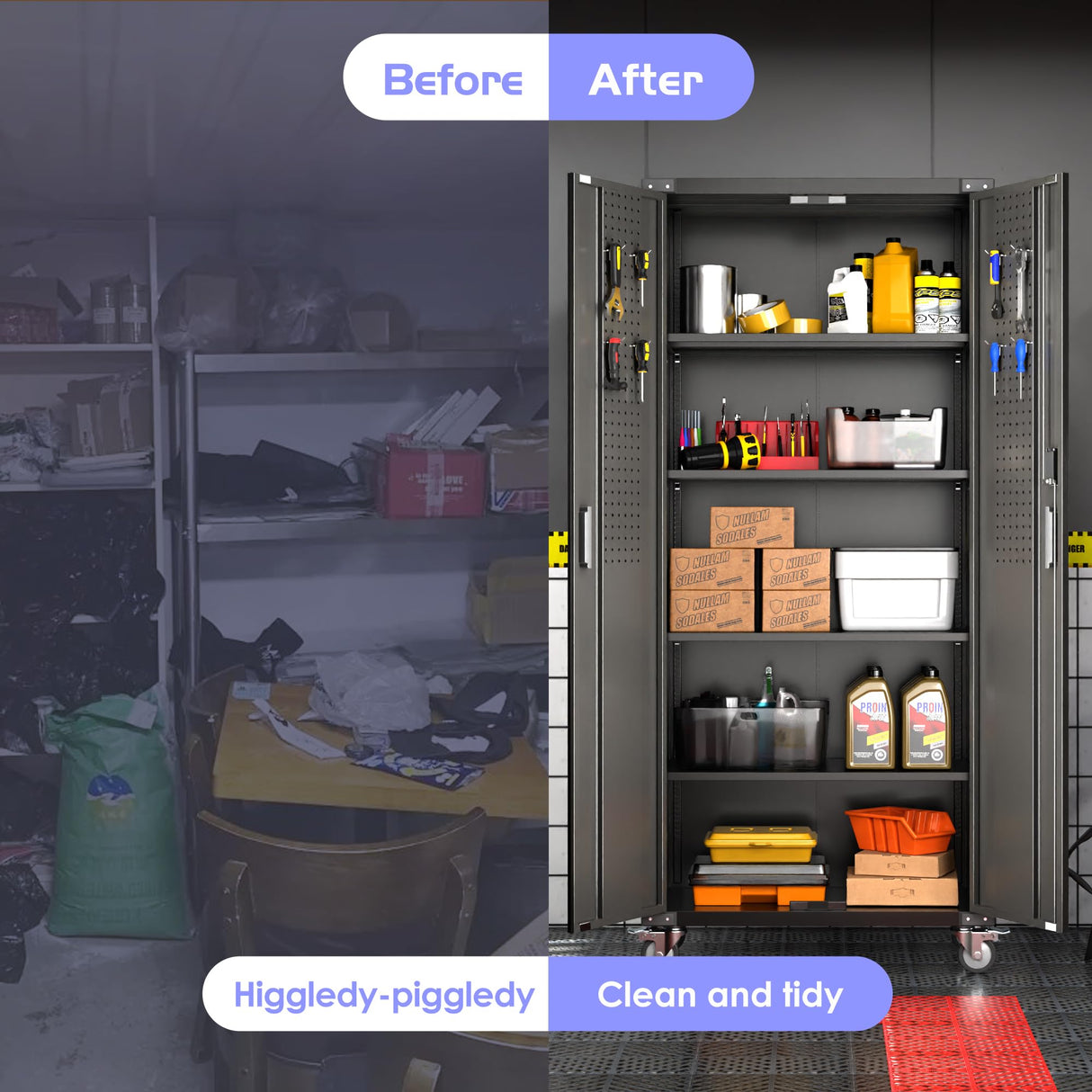 Aobabo Metal Garage Storage Cabinet with Wheels,Heavy Duty Garage Cabinet with Password Lock,Steel Cabinet with 2 Doors and 4 Adjustable Shelves for Aobabo