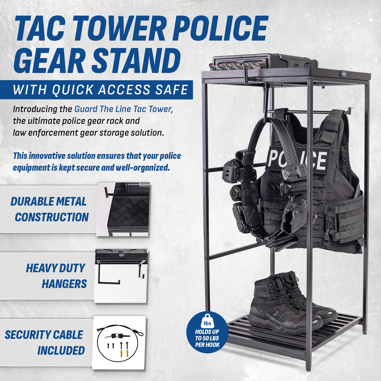 Guard The Line Tac Tower – Police Gear Rack with Quick Access Safe – American Flag Tactical Gear Stand – Law Enforcement Vest and Duty Belt Holder - Cop Caddy Valet Stand - Police Gift Guard The Line
