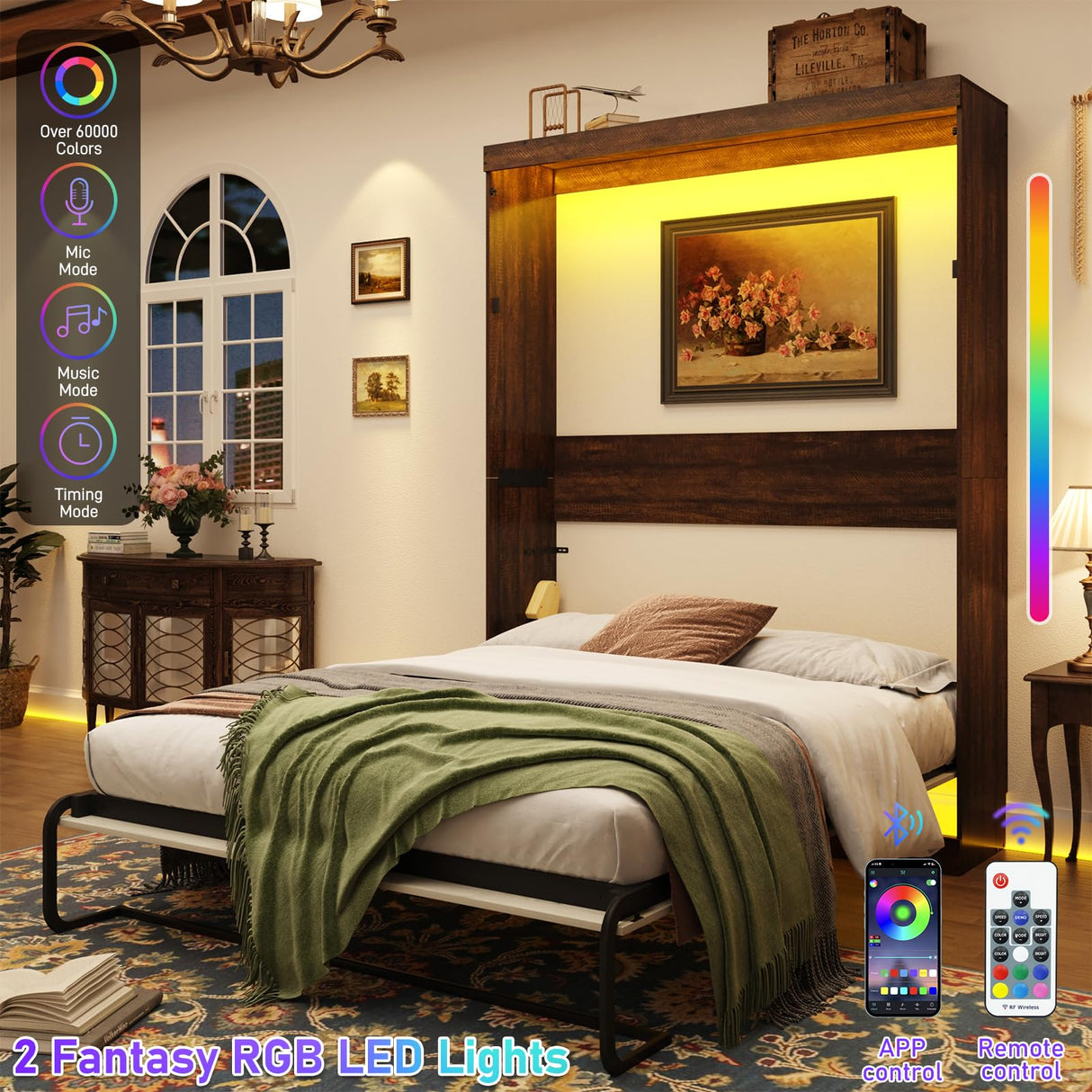 Hlivelood Queen Size Murphy Bed with 2 LED Lights, Farmhouse Wood Hidden Foldable Wall Bed Frame w/Gas Struts, Storage Bed Cabinet for Bedroom, Office, Space-Saving, No Box Spring Needed, Rustic White Hlivelood