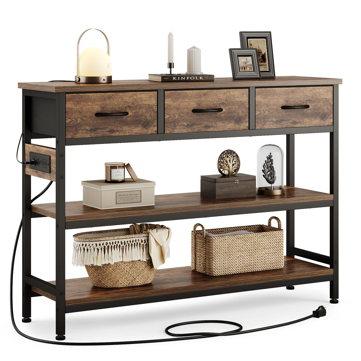 Lulive Entryway Table with Power Outlets, Console Table with 3 Fabric Drawers, Sofa Table for Living Room, Hallway, Couch, Foyer, Height Adjustable (Rustic Brown, 43") Lulive