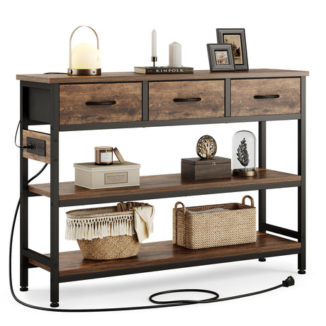 Lulive Entryway Table with Power Outlets, Console Table with 3 Fabric Drawers, Sofa Table for Living Room, Hallway, Couch, Foyer, Height Adjustable (Rustic Brown, 43") Lulive