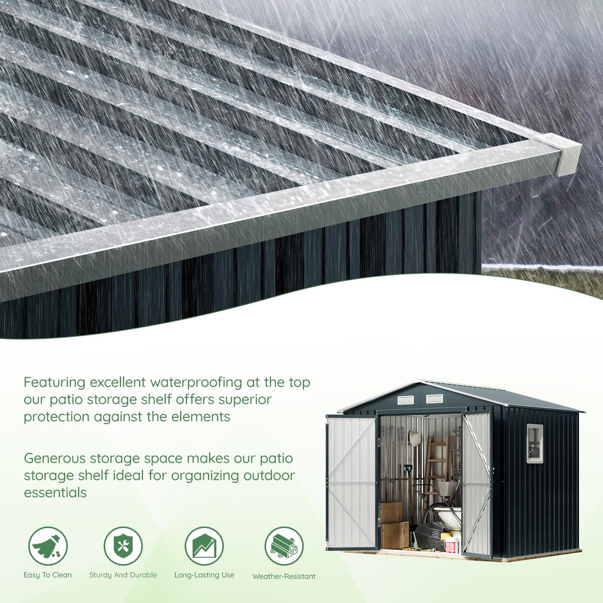 MistMo 6X8X6.4FT Outdoor Steel Storage Shed with Lockable Doors, One Clear Window,Ideal for Garden, Backyard, Patio Storage Mistmo