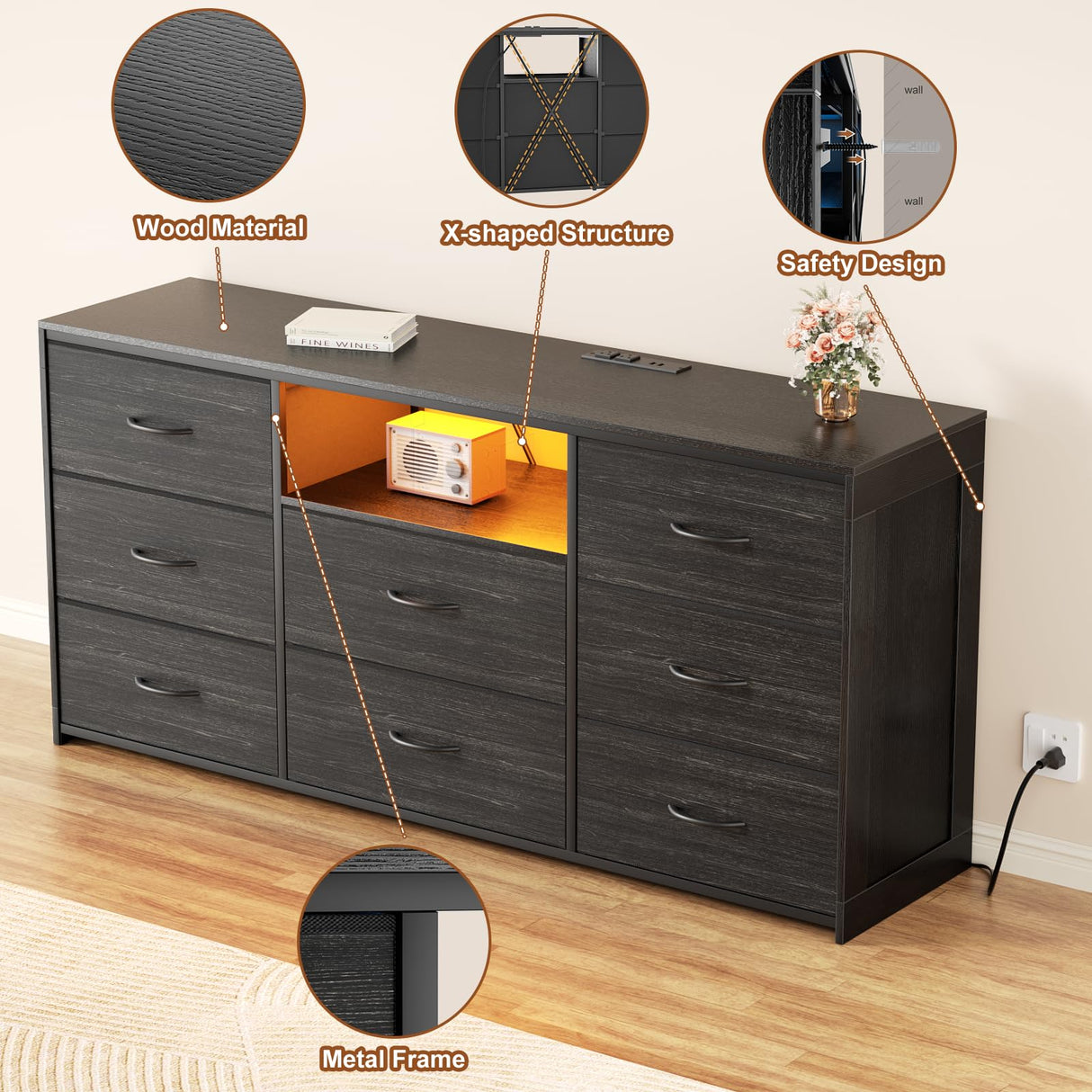 OURPIC 55'' Dresser for Bedroom with 8 Fabric Drawers, Wide Chest of Drawers with LED Lights & Charging Station, Long Wood Dresser TV Stand for Living Room, Hallway,Closet OURPIC