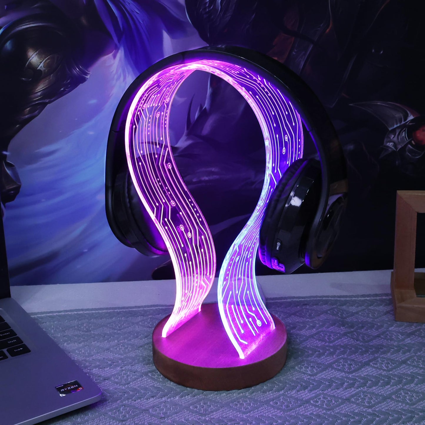 YuanDian Headphone Stand, Wood Headset Holder with Blue Pink LED Night Light for Gamers, Men, and Music Lovers - Ideal Desk Gift Idea