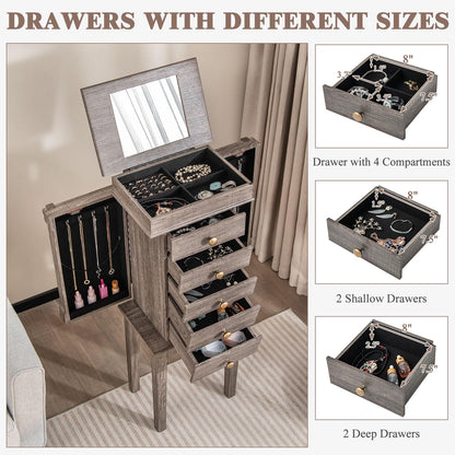 GOFLAME Standing Jewelry Armoire, Jewelry Storage Cabinet with Flip Top Makeup Mirror, 5 Drawers, 2 Side Doors, 8 Necklace Hooks, Solid Wood Legs,