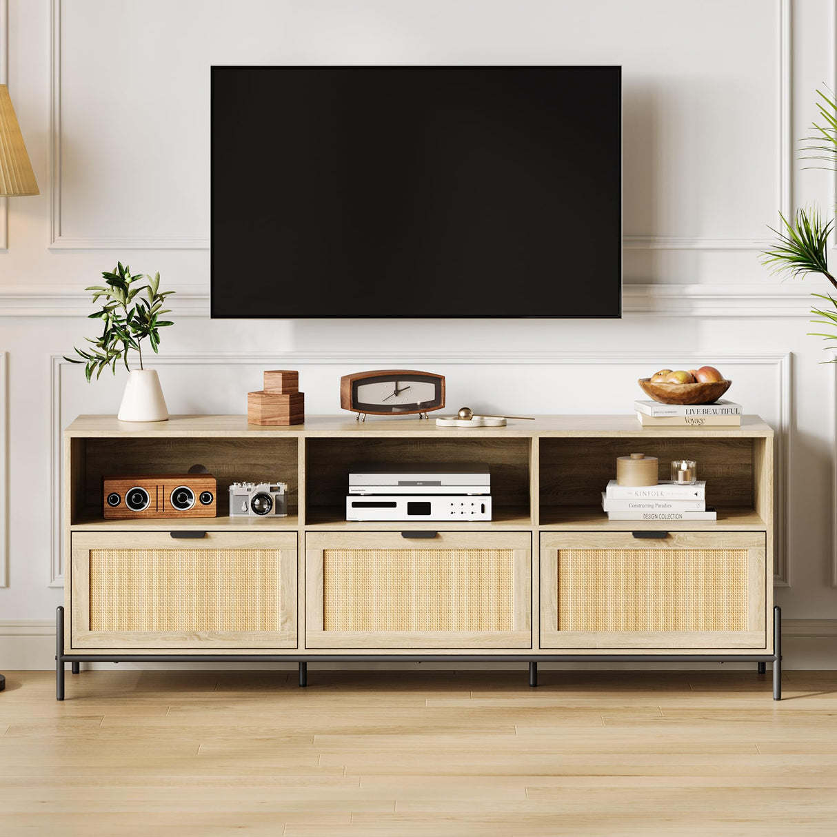 TV Stand for 75 inch TV, Entertainment Center with Storage, 65 Inch TV Console Table with 3 Drawers, Rattan Media Console Cabinet with Metal Legs, Wooden TV Stands for Living Room, Bedroom - Oak IDEALHOUSE