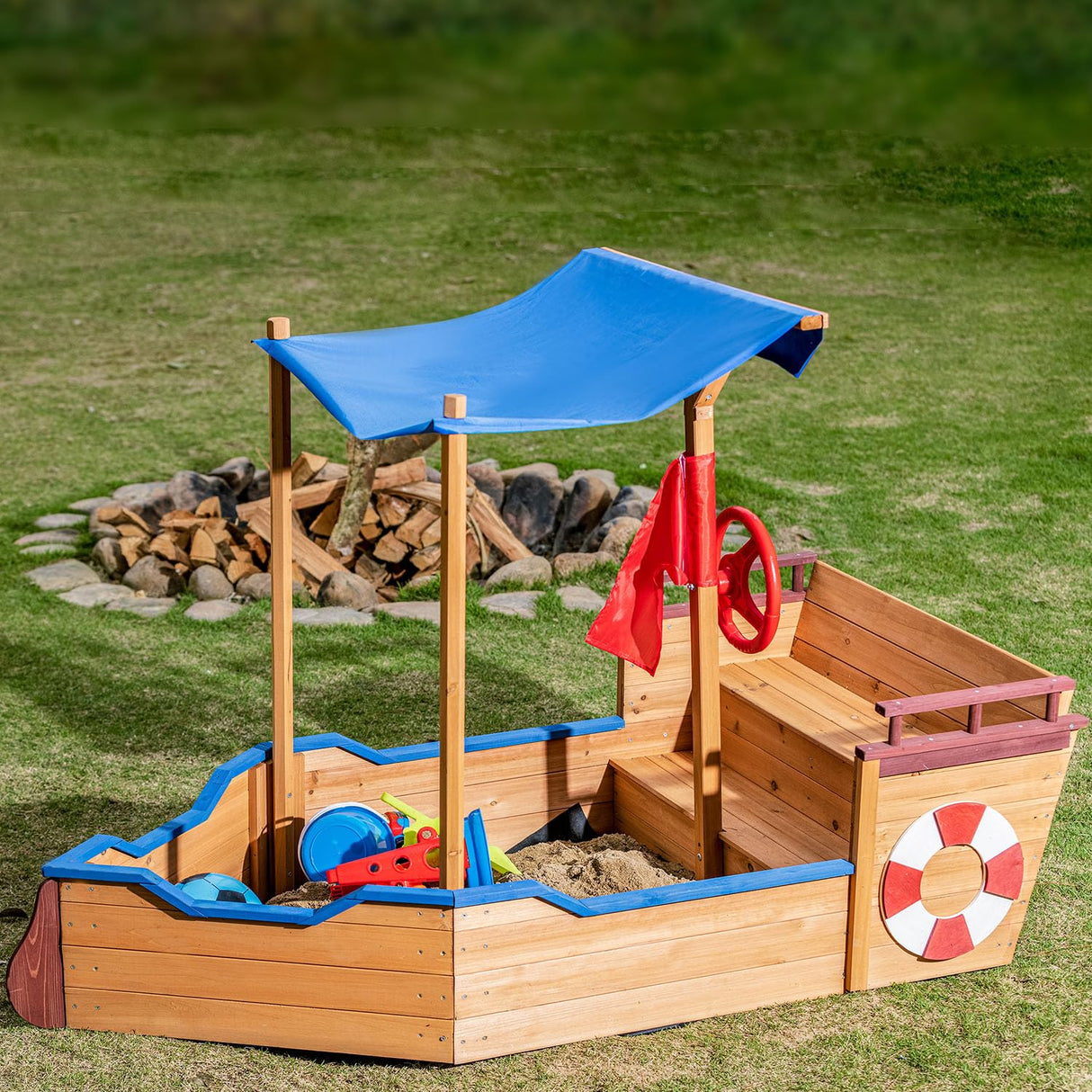 Wood Sandbox with Canopy, 63'' x 30.7'' Pirate Ship Sandbox with Cover and Rudder, Sand Box for Kids Ages 4-8, Kids Sandbox with Storage Bench and Seat, Kids Outdoor Playhouse for Backyard, Garden Angel Sar