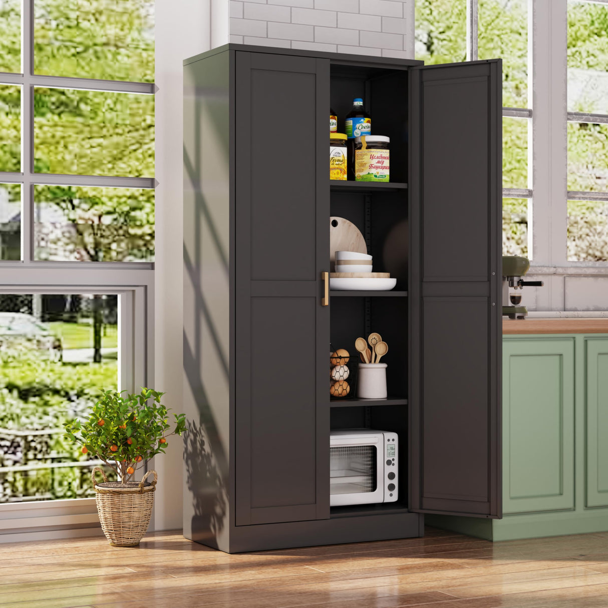 60''metal storage room cabinet, black unique look, freestanding storage room cabinet, storage cabinet with door and 4 adjustable shelves, can be used in office, garage, bedroom, kitchen TIMELESS PIECES