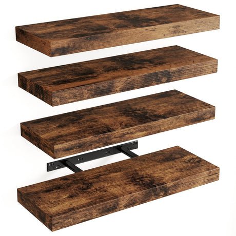 Fixwal 15.8in Floating Shelves, Rustic Wood Finish Wall Shelves Set of 4, Shelves for Wall Decor, with Invisible Brackets for Bathroom, Living Room,Bedroom and Kitchen(Rustic Brown) Fixwal
