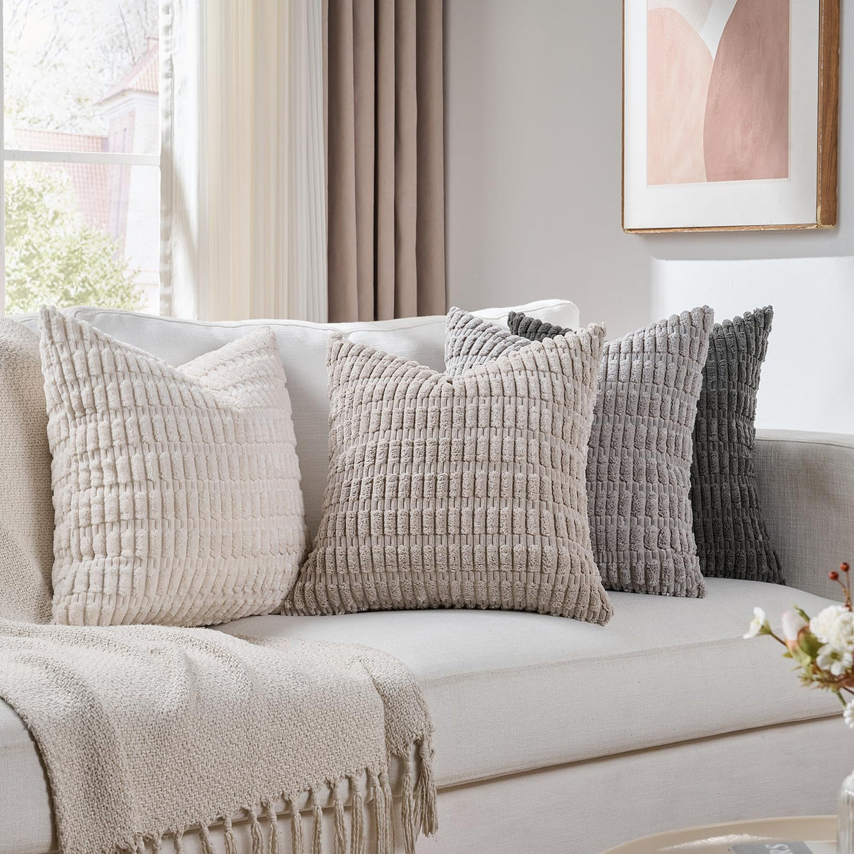 Fancy Homi Set of 4 Grey and White Decorative Throw Pillow Covers 18x18 Inch for Couch Bed Chair, Modern Farmhouse Boho Room Decor, Soft Fuzzy Double Sided Corduroy Textured Striped Cushion Case 45cm Fancy Homi