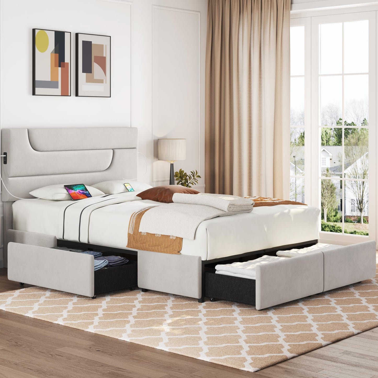 Yaheetech Beige Queen Upholstered Bed Frame with USB Charging, 4 Storage Drawers and Wooden Slats - WoodArtSupply