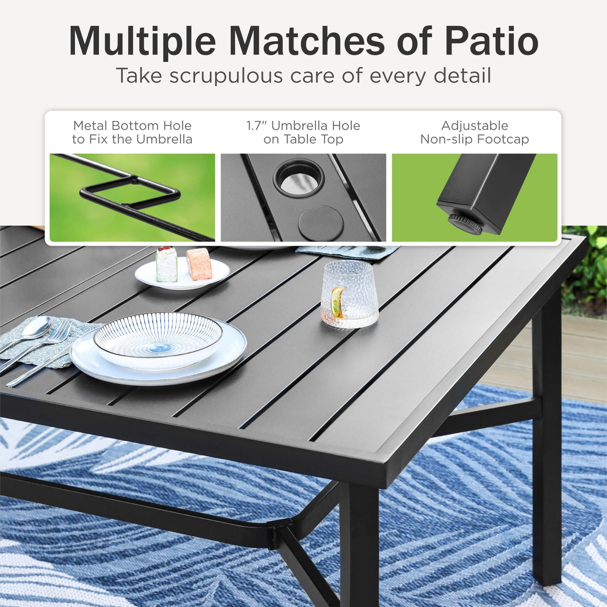 PHI VILLA 9 Pieces Outdoor Dining Set for 8, Rectangular Metal Steel Table with Umbrella Hole & Stackable Wrought Iron Chairs, Large Dining Furniture for Patio, Deck, Yard, Porch PHI VILLA